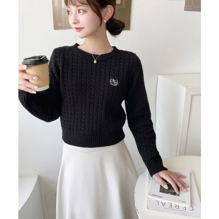 刺繍入りケーブルショート丈ニットプルオーバー | moment+ | 詳細画像19 