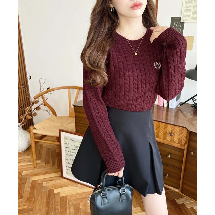 刺繍入りケーブルショート丈ニットプルオーバー | moment+ | 詳細画像37 