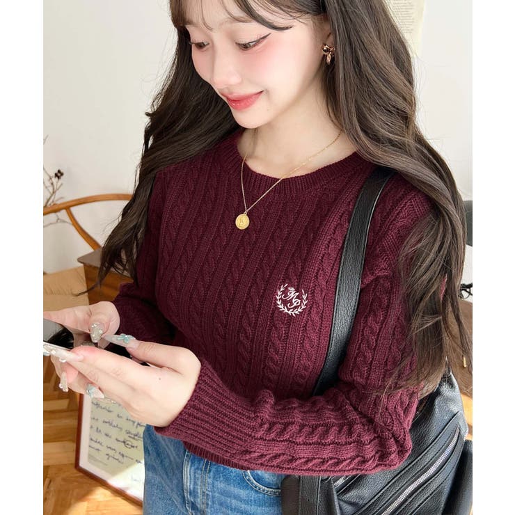 刺繍入りケーブルショート丈ニットプルオーバー | moment+ | 詳細画像40 