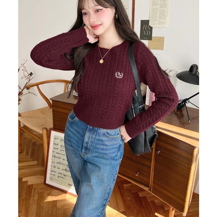 刺繍入りケーブルショート丈ニットプルオーバー | moment+ | 詳細画像41 