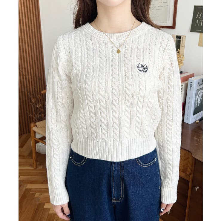 刺繍入りケーブルショート丈ニットプルオーバー | moment+ | 詳細画像6 