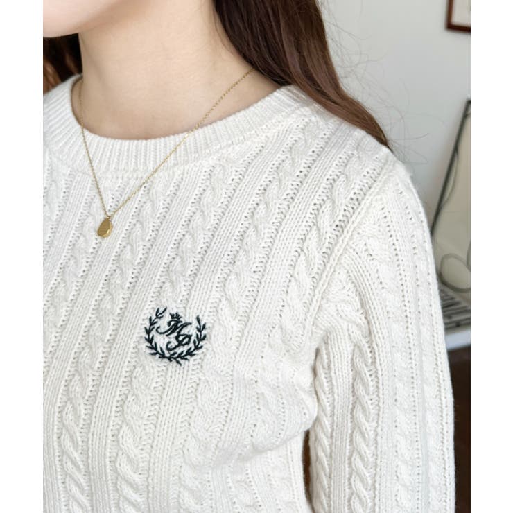 刺繍入りケーブルショート丈ニットプルオーバー | moment+ | 詳細画像8 