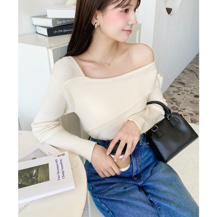 アシンメトリーオフショルダーリブニット12G | moment+ | 詳細画像14 