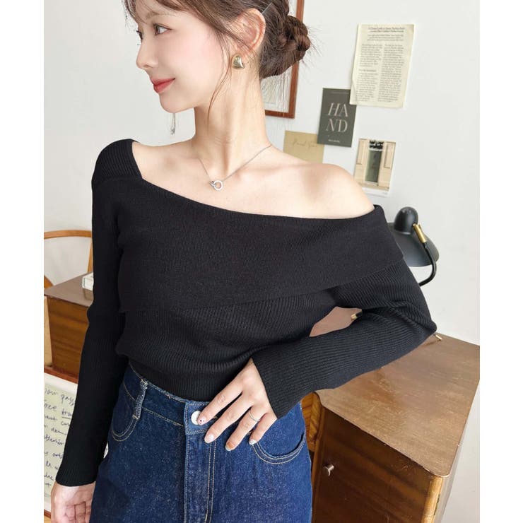 アシンメトリーオフショルダーリブニット12G | moment+ | 詳細画像17 