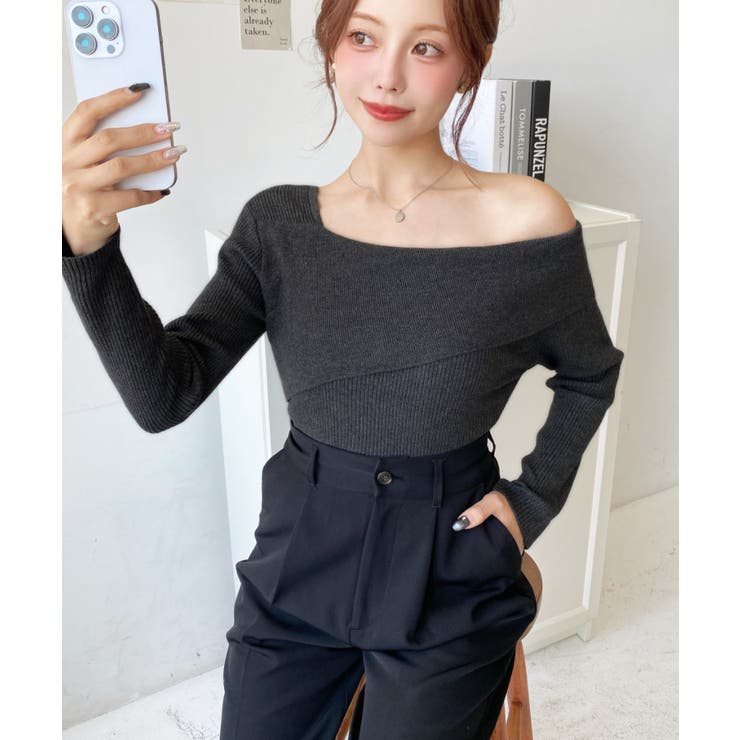 アシンメトリーオフショルダーリブニット12G | moment+ | 詳細画像23 