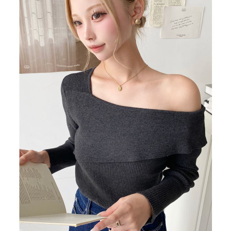 アシンメトリーオフショルダーリブニット12G | moment+ | 詳細画像25 