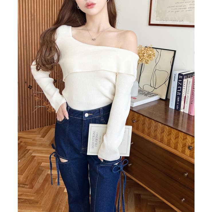 アシンメトリーオフショルダーリブニット12G | moment+ | 詳細画像3 