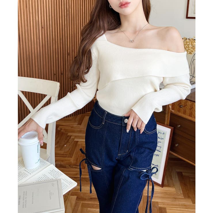 アシンメトリーオフショルダーリブニット12G | moment+ | 詳細画像4 