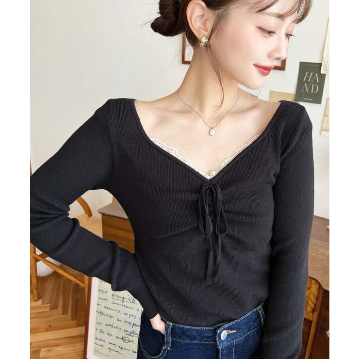 フロントレースギャザーリブニットトップス12G | moment+ | 詳細画像10 