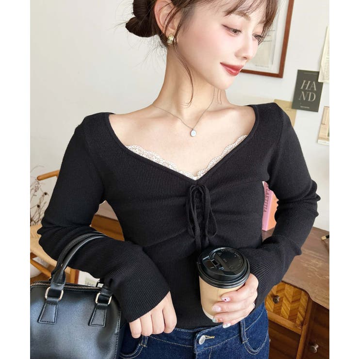 フロントレースギャザーリブニットトップス12G | moment+ | 詳細画像11 