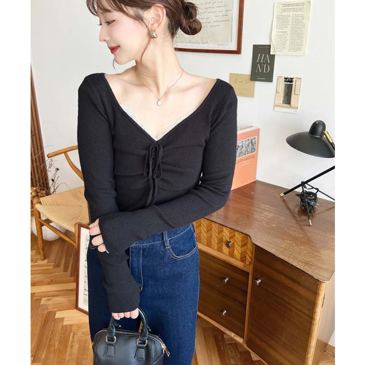 フロントレースギャザーリブニットトップス12G | moment+ | 詳細画像12 