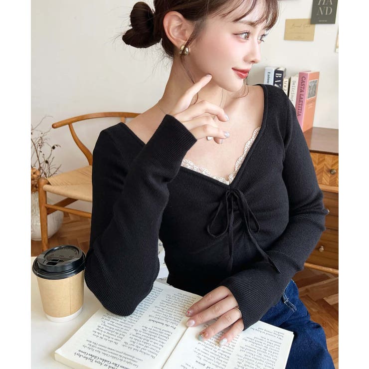 フロントレースギャザーリブニットトップス12G | moment+ | 詳細画像13 