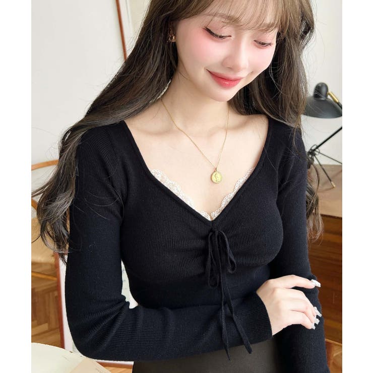 フロントレースギャザーリブニットトップス12G | moment+ | 詳細画像14 