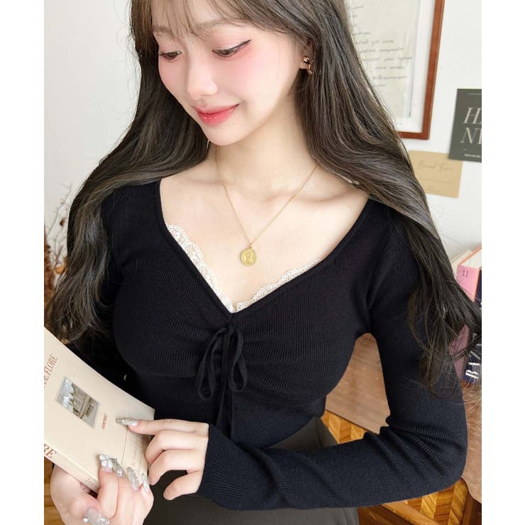 フロントレースギャザーリブニットトップス12G | moment+ | 詳細画像15 