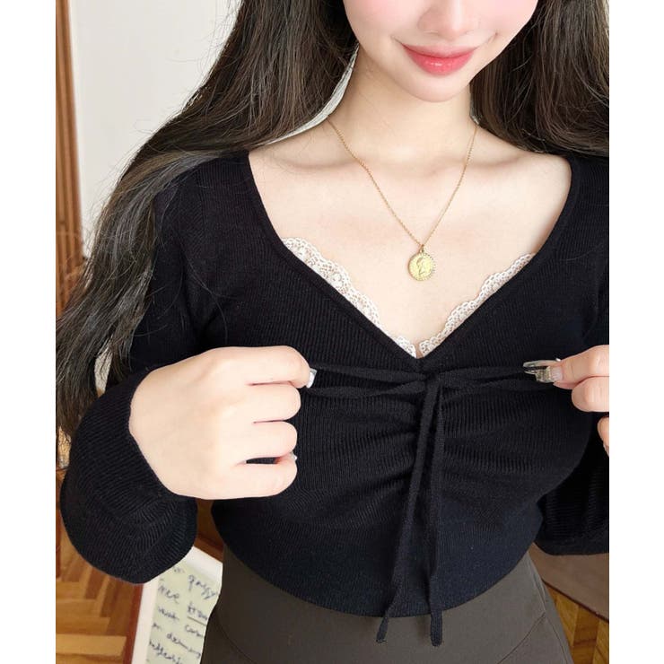 フロントレースギャザーリブニットトップス12G | moment+ | 詳細画像16 