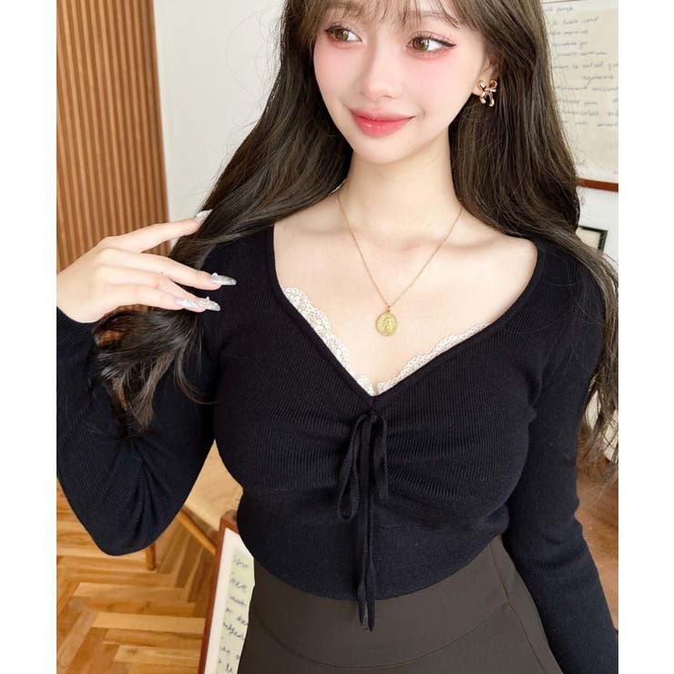 フロントレースギャザーリブニットトップス12G | moment+ | 詳細画像18 