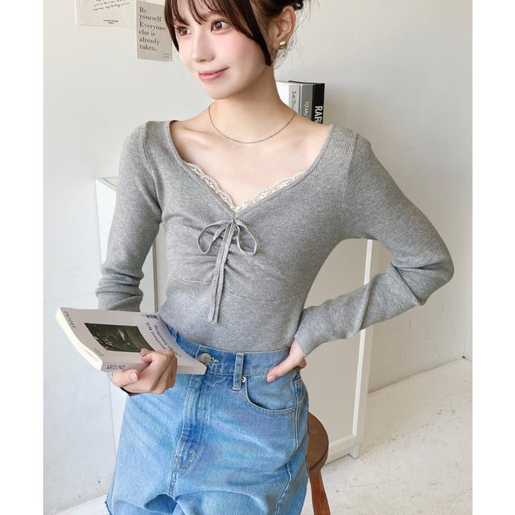 フロントレースギャザーリブニットトップス12G | moment+ | 詳細画像19 