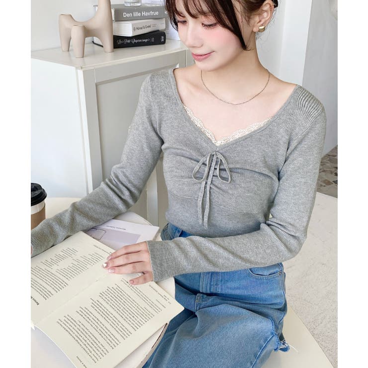 フロントレースギャザーリブニットトップス12G | moment+ | 詳細画像21 