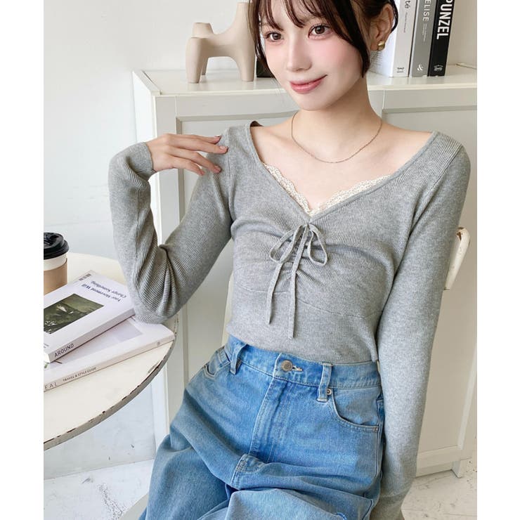 フロントレースギャザーリブニットトップス12G | moment+ | 詳細画像22 