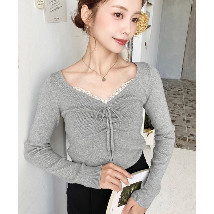 フロントレースギャザーリブニットトップス12G | moment+ | 詳細画像23 