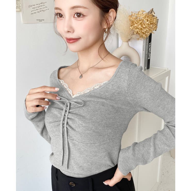 フロントレースギャザーリブニットトップス12G | moment+ | 詳細画像24 