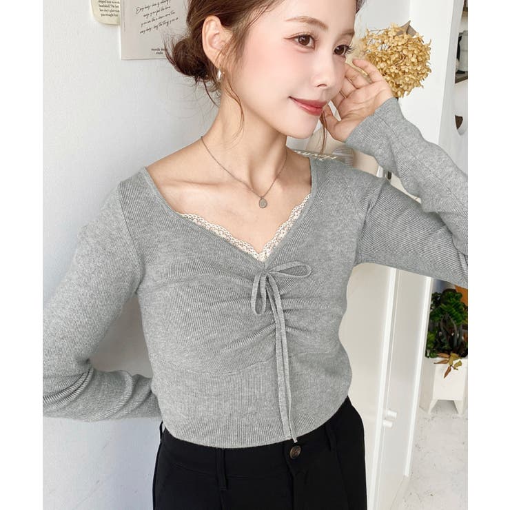 フロントレースギャザーリブニットトップス12G[品番：ERMW0004164