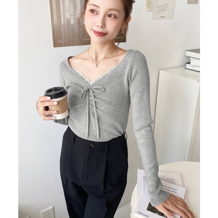 フロントレースギャザーリブニットトップス12G | moment+ | 詳細画像27 