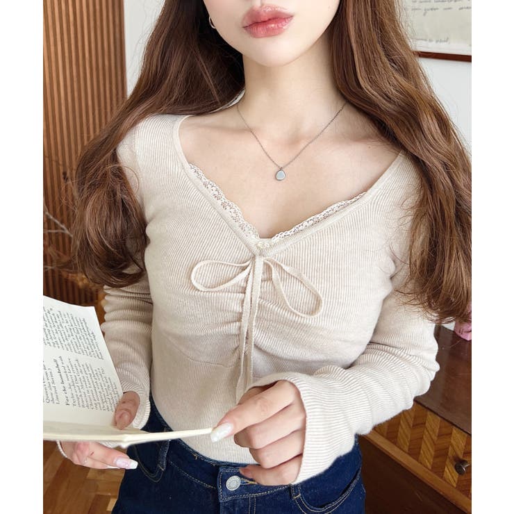 フロントレースギャザーリブニットトップス12G | moment+ | 詳細画像28 