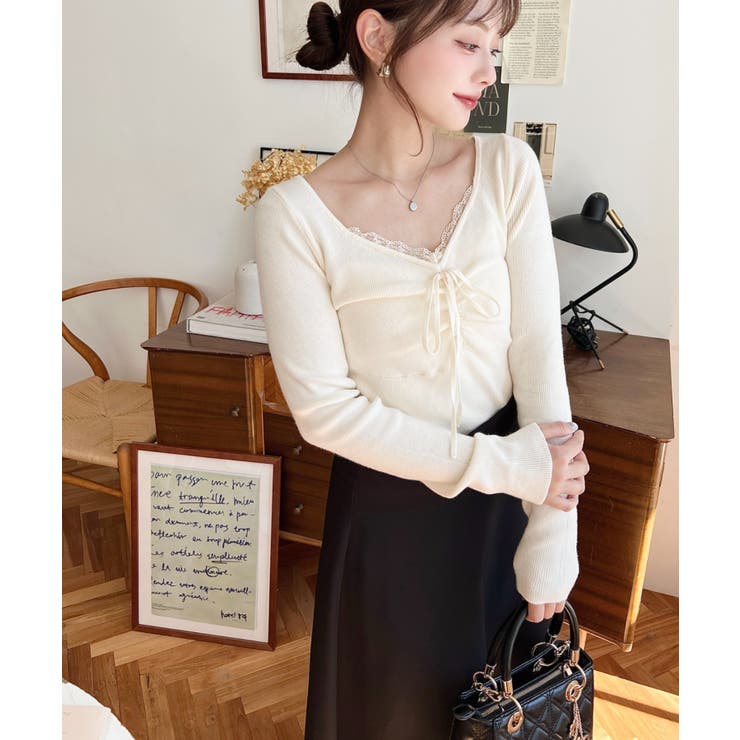 フロントレースギャザーリブニットトップス12G | moment+ | 詳細画像3 