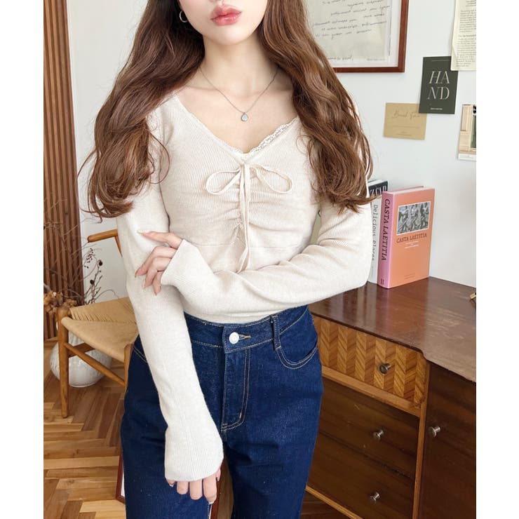 フロントレースギャザーリブニットトップス12G | moment+ | 詳細画像29 