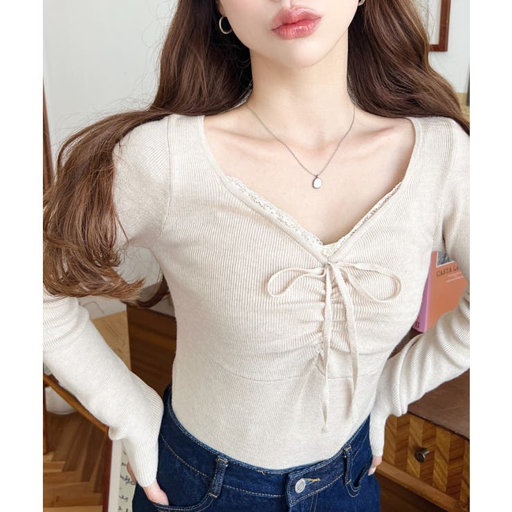 フロントレースギャザーリブニットトップス12G | moment+ | 詳細画像31 