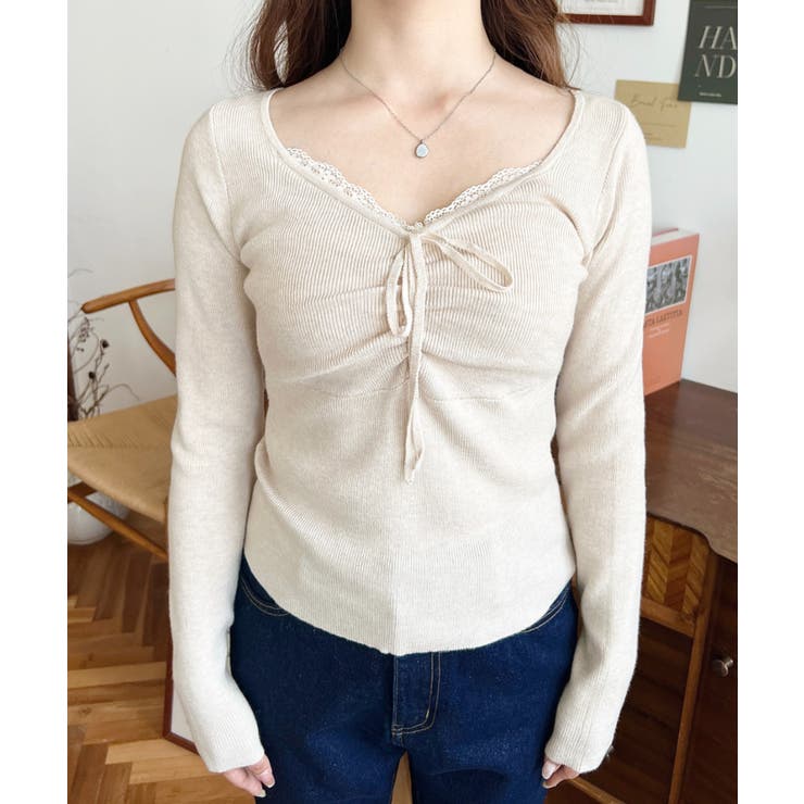 フロントレースギャザーリブニットトップス12G | moment+ | 詳細画像32 