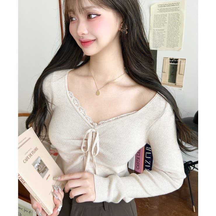 フロントレースギャザーリブニットトップス12G | moment+ | 詳細画像38 