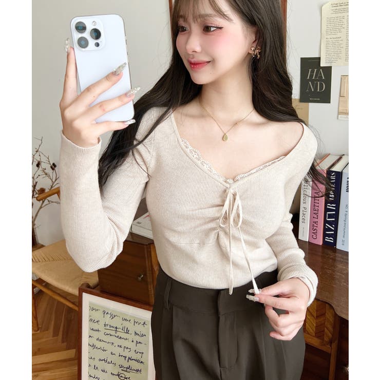 フロントレースギャザーリブニットトップス12G | moment+ | 詳細画像39 