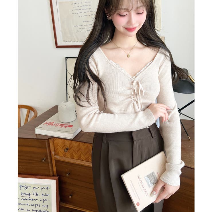 フロントレースギャザーリブニットトップス12G | moment+ | 詳細画像40 