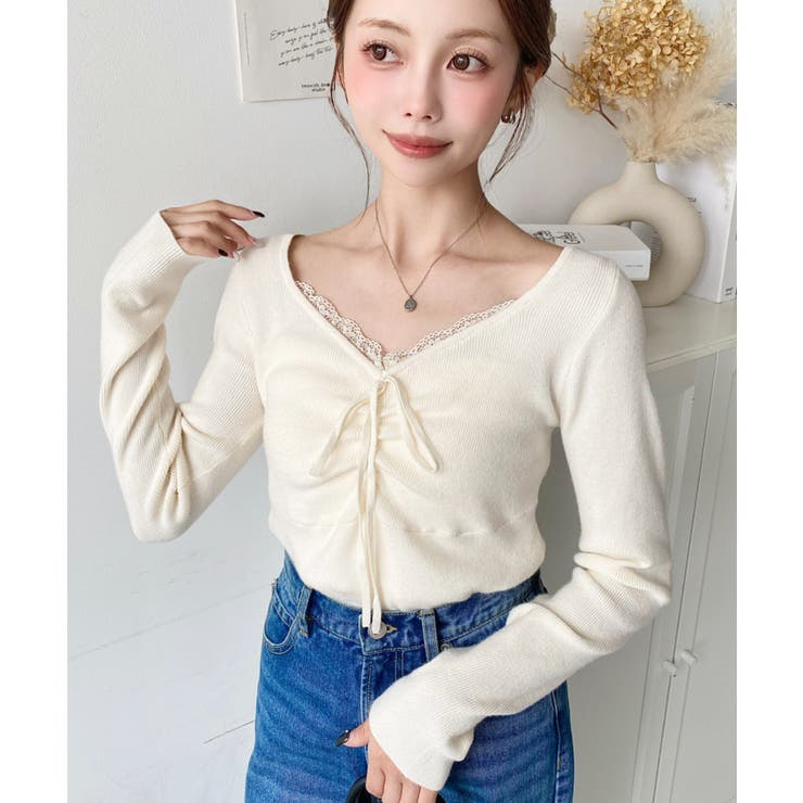 フロントレースギャザーリブニットトップス12G | moment+ | 詳細画像5 