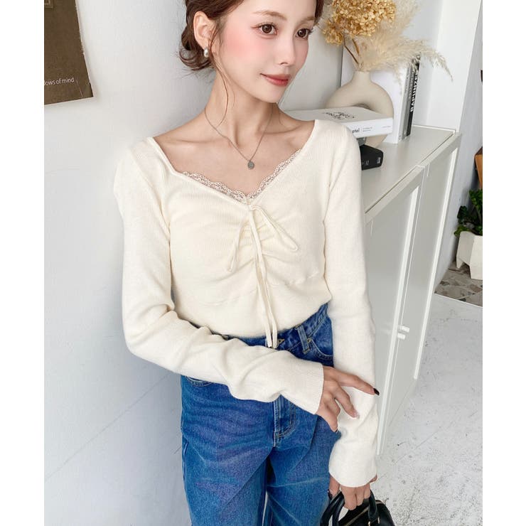 フロントレースギャザーリブニットトップス12G | moment+ | 詳細画像6 