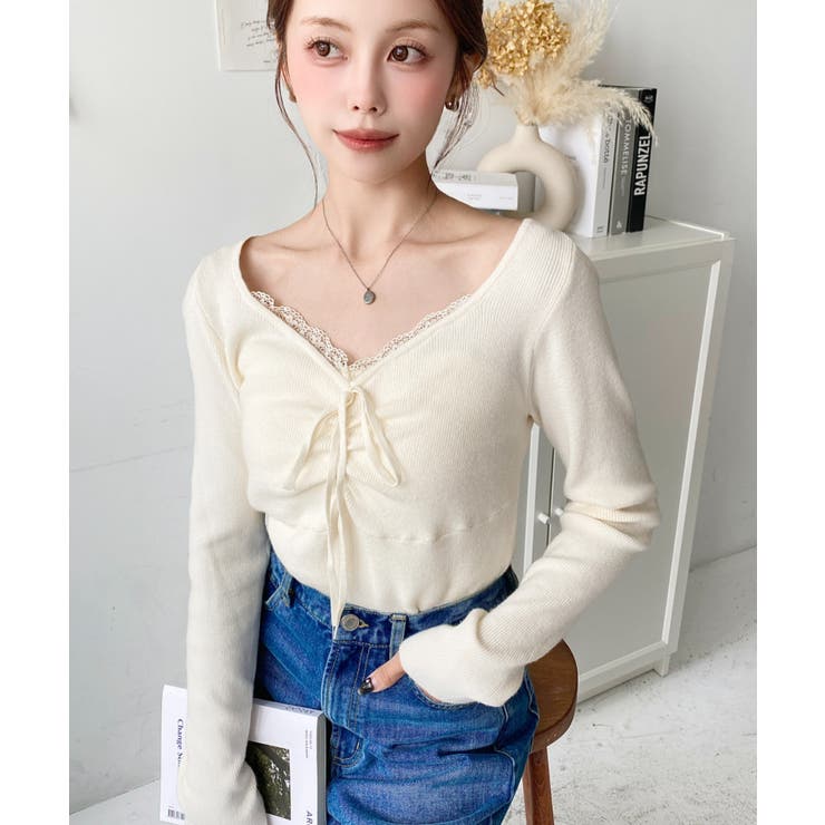 フロントレースギャザーリブニットトップス12G[品番：ERMW0004164