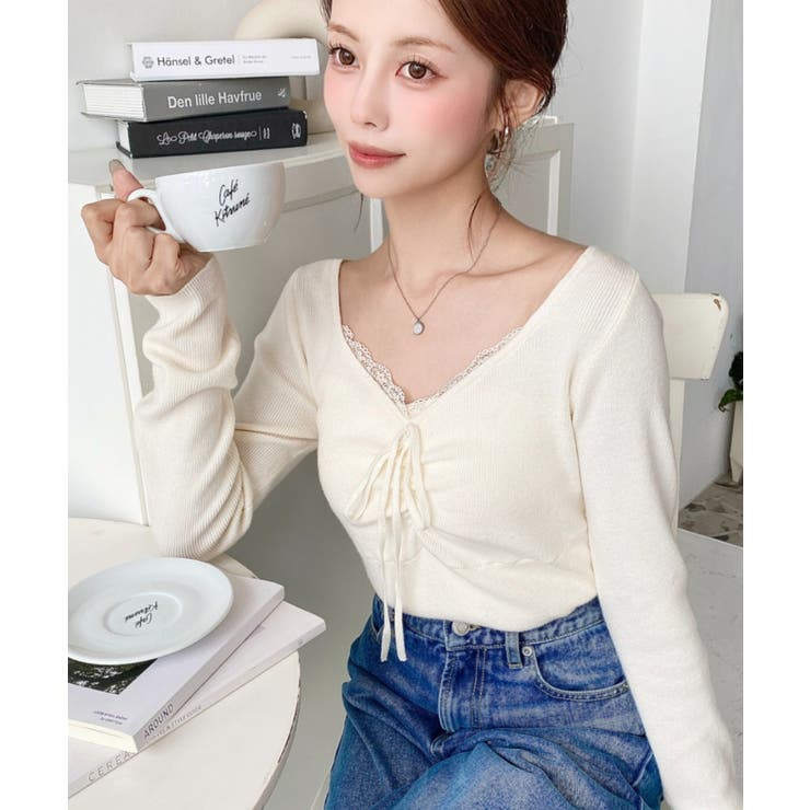 フロントレースギャザーリブニットトップス12G | moment+ | 詳細画像8 