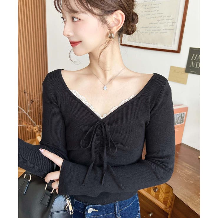 ブラック | フロントレースギャザーリブニットトップス12G | moment+