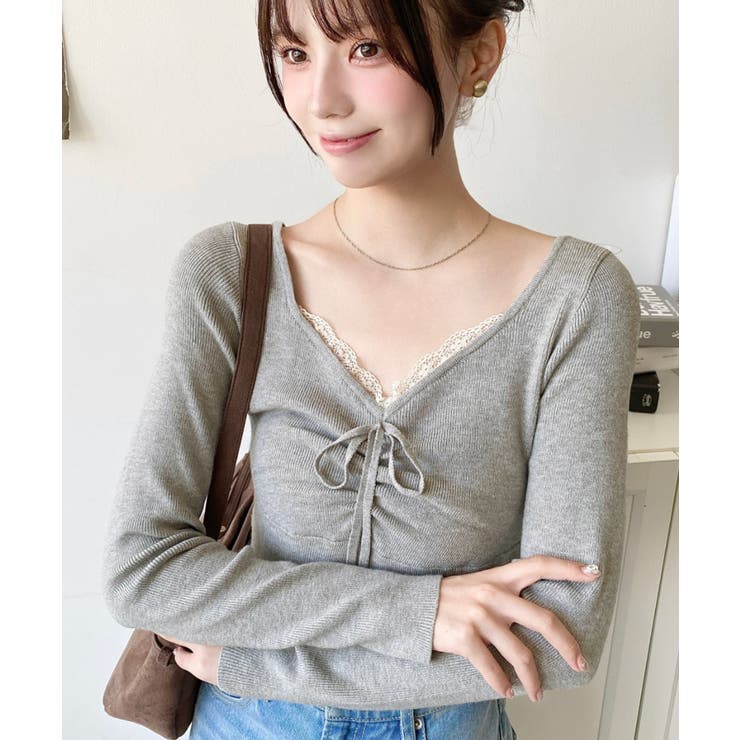 フロントレースギャザーリブニットトップス12G[品番：ERMW0004164