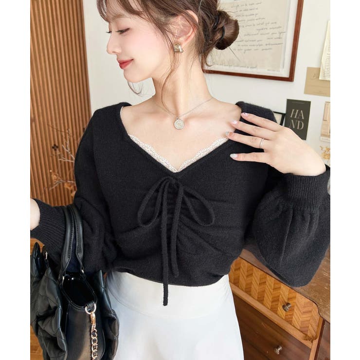 フロントレースギャザーニットトップス[品番：ERMW0004106]｜moment+