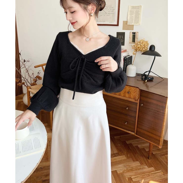 フロントレースギャザーニットトップス[品番：ERMW0004106]｜moment+