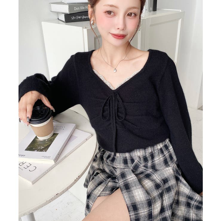 フロントレースギャザーニットトップス[品番：ERMW0004106]｜moment+