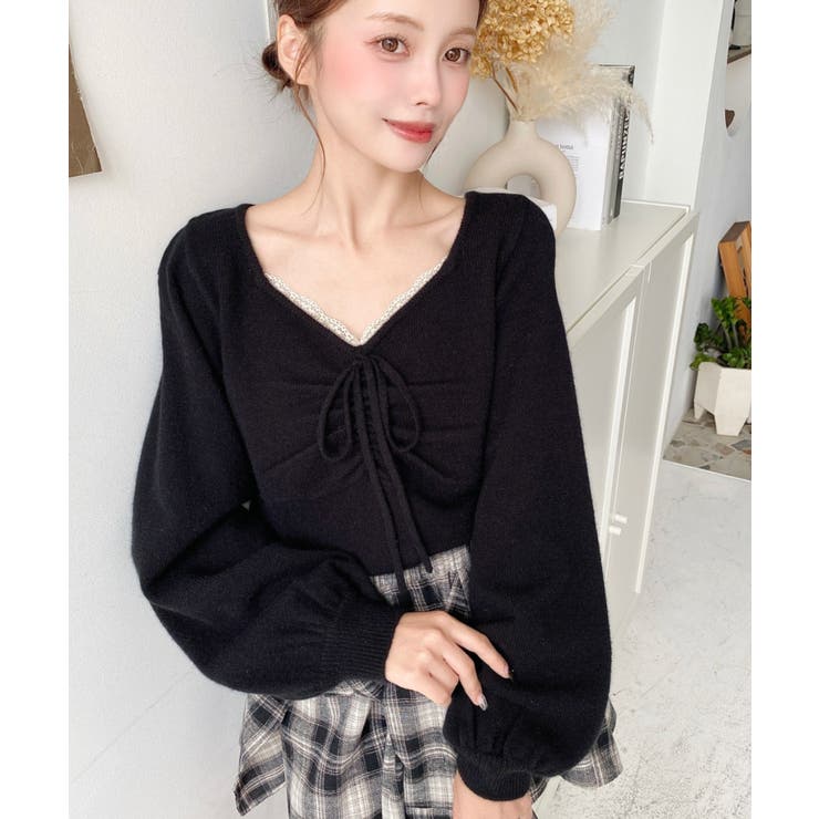 フロントレースギャザーニットトップス[品番：ERMW0004106]｜moment+