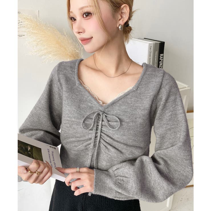 フロントレースギャザーニットトップス[品番：ERMW0004106]｜moment+