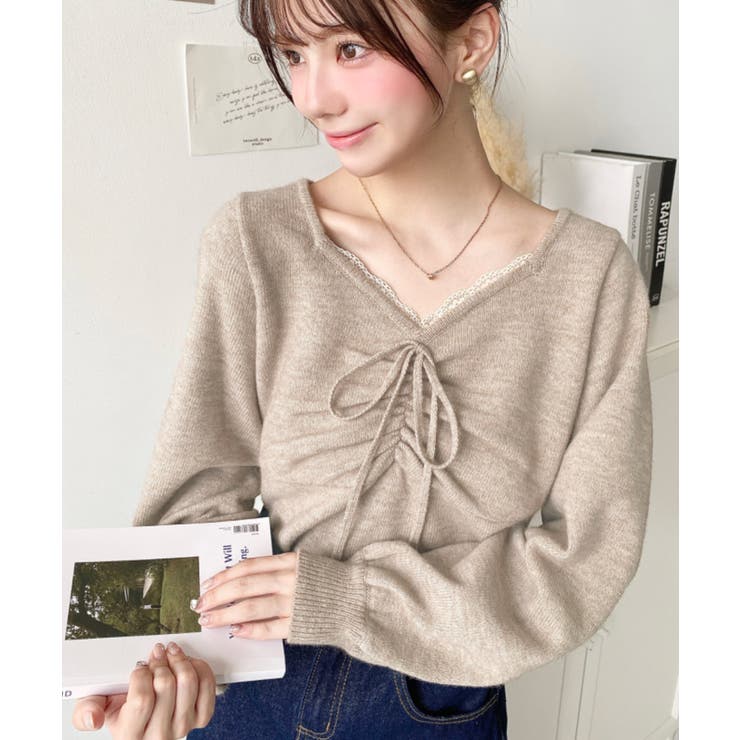 フロントレースギャザーニットトップス[品番：ERMW0004106]｜moment+