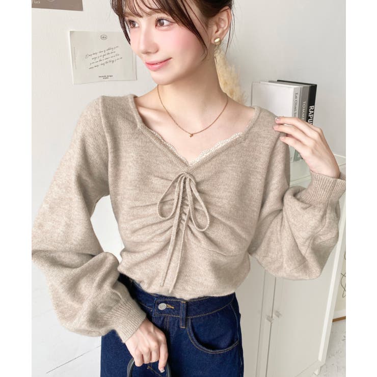 トップス M フロントレースギャザーニットトップス[品番：ERMW0004106]｜moment+