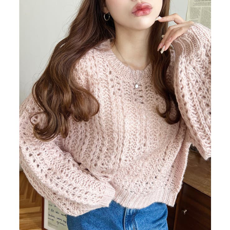 モヘアライク透かし編みショートニットプルオーバー | moment+ | 詳細画像15 