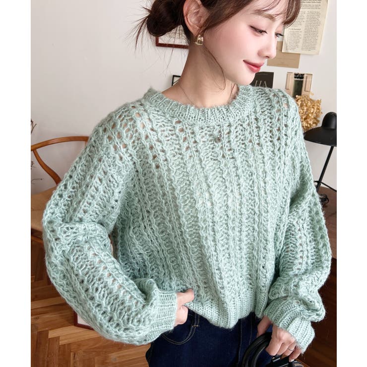 モヘアライク透かし編みショートニットプルオーバー | moment+ | 詳細画像16 